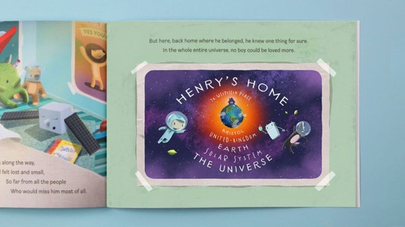 A zoomed-in image of a personalised image with your child's house and their address in relative to the universe